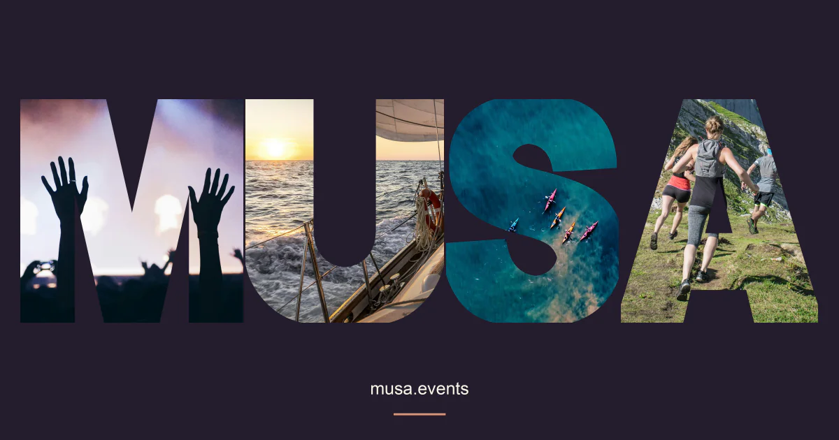 MUSA lettering filled with concert, sailing, kayaking and hiking photographs